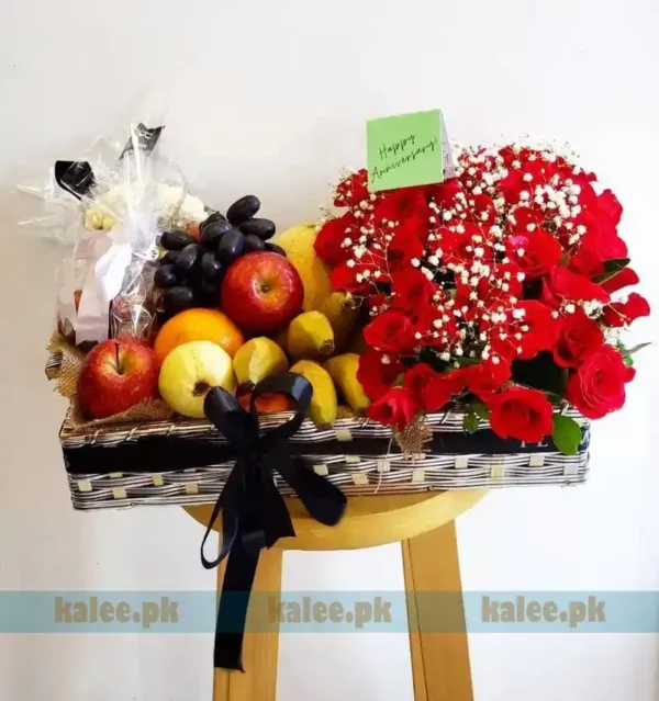 red roses fruit basket baby bud