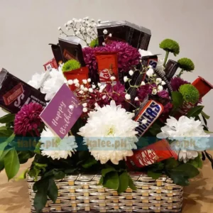 White Green & Maroon Daisy With Baby Bud Chocolates Basket Bouquet