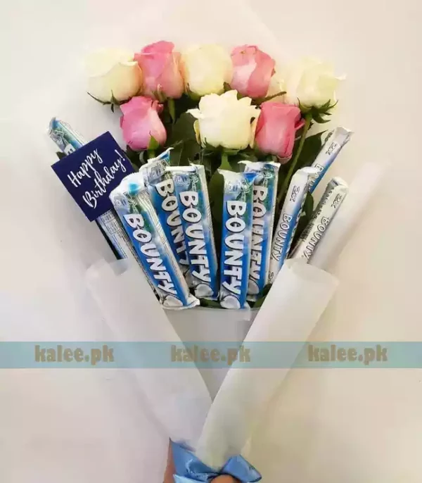 Imported White & Pink Rose Flowers Bouquet With Chocolates