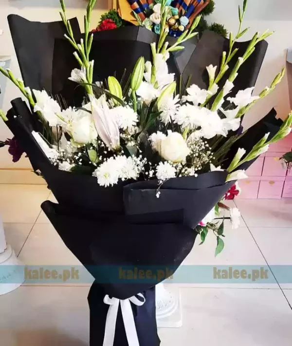 White Daisy & Imported Rose Flowers Bouquet With Lily & Baby Bud