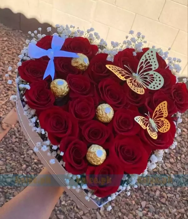 Heart Shape Red Rose Box With Chocolates