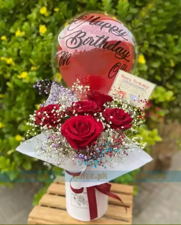 Red Rose Flowers Box With Baby Bud & Birthday Balloon