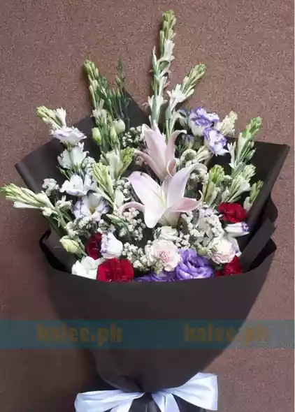 White Tulip & Red Rose Flowers Bouquet With Lilly & Baby Bud