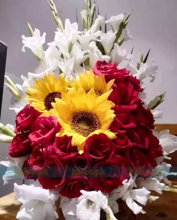 Red Rose Flowers With Sunflower & White Glade Basket Bouquet